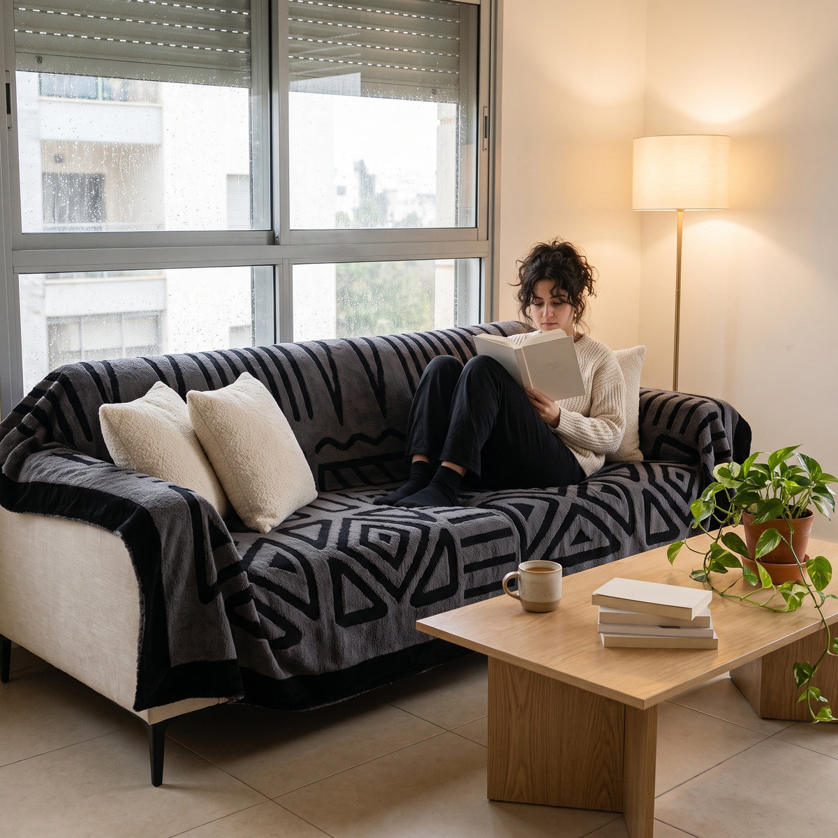 אישה קוראת ספר על ספה מכוסה בשמיכת בוהו בגוון אפור כהה