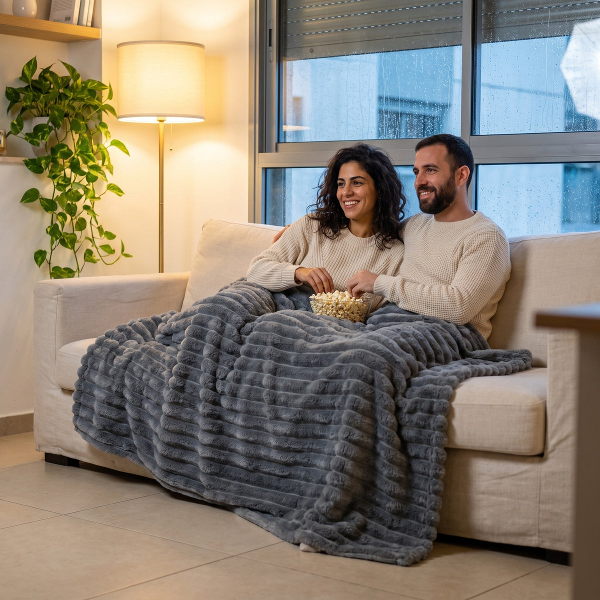 זוג על הספה עם קערת פופקורן, מכוסים יחד בשמיכה מפוספסת אפורה