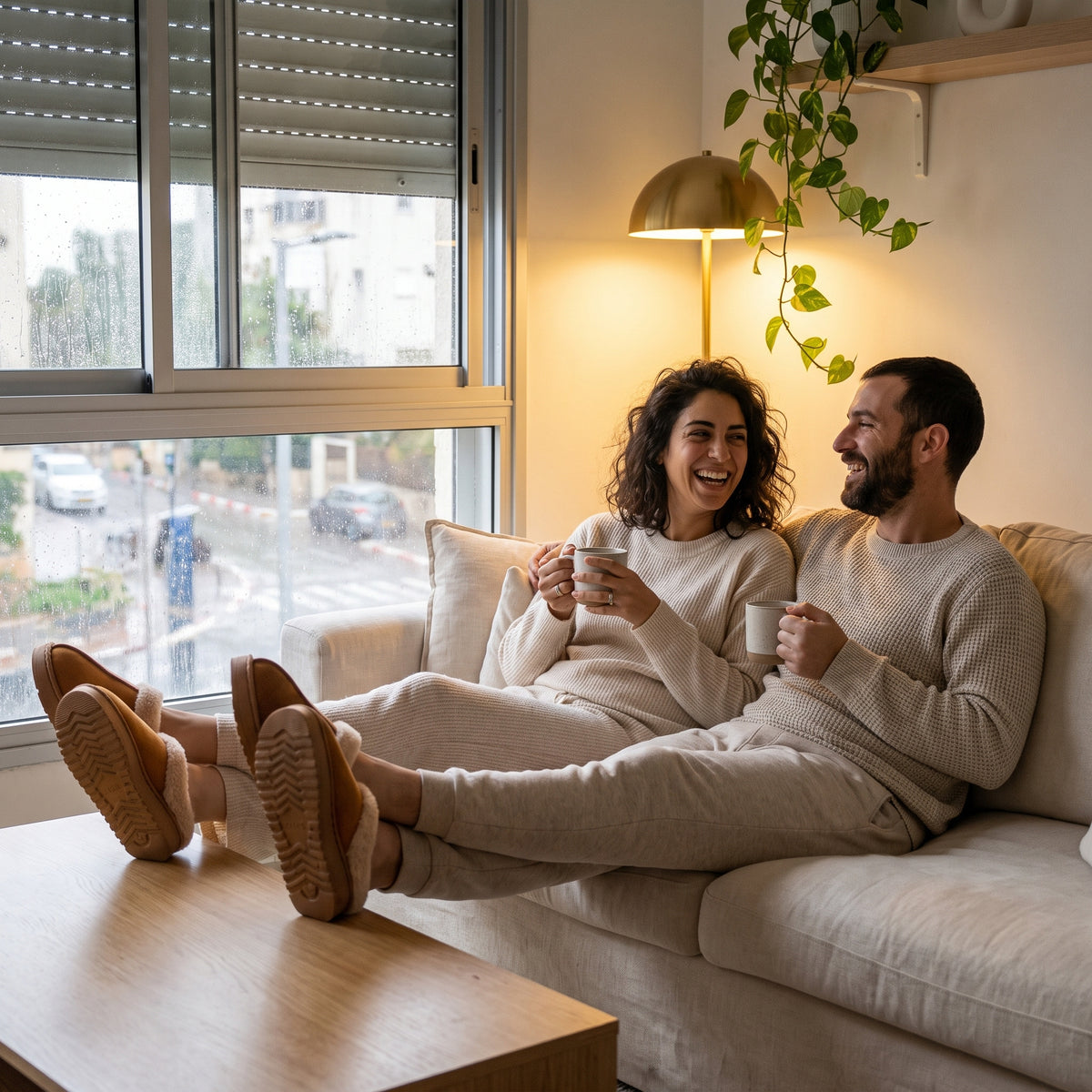 זוג על הספה עם ספלים והרגליים על שולחן הסלון, שניהם בנעלי בית רכות בצבע קאמל