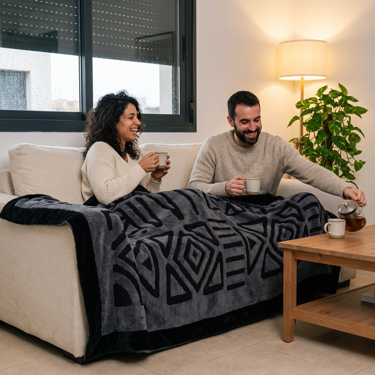 זוג שותה תה על הספה, מכוסה בשמיכת הבוהו עם הדוגמה הגאומטרית